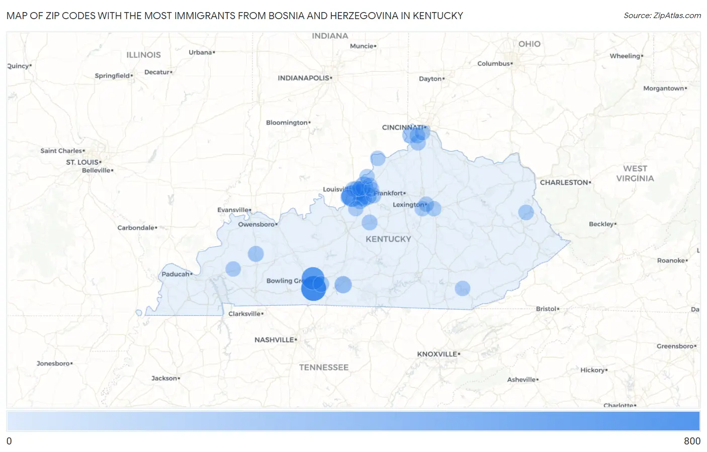 Zip Codes with the Most Immigrants from Bosnia and Herzegovina in Kentucky Map