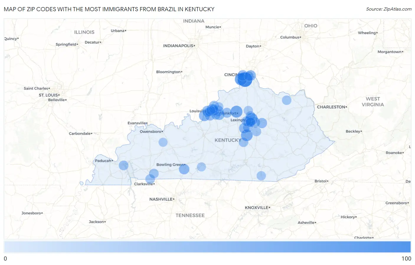 Zip Codes with the Most Immigrants from Brazil in Kentucky Map