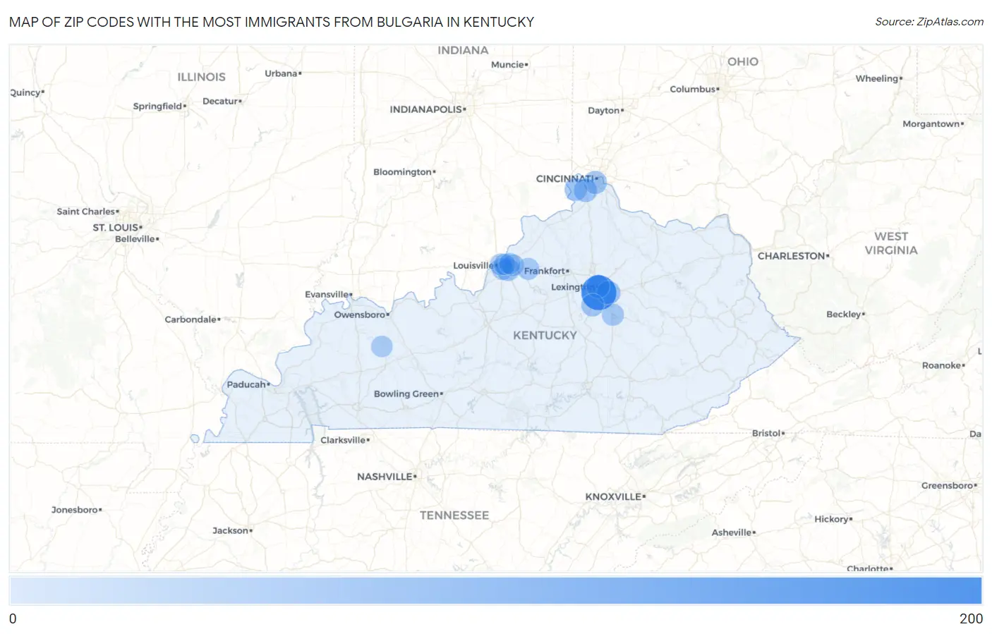Zip Codes with the Most Immigrants from Bulgaria in Kentucky Map
