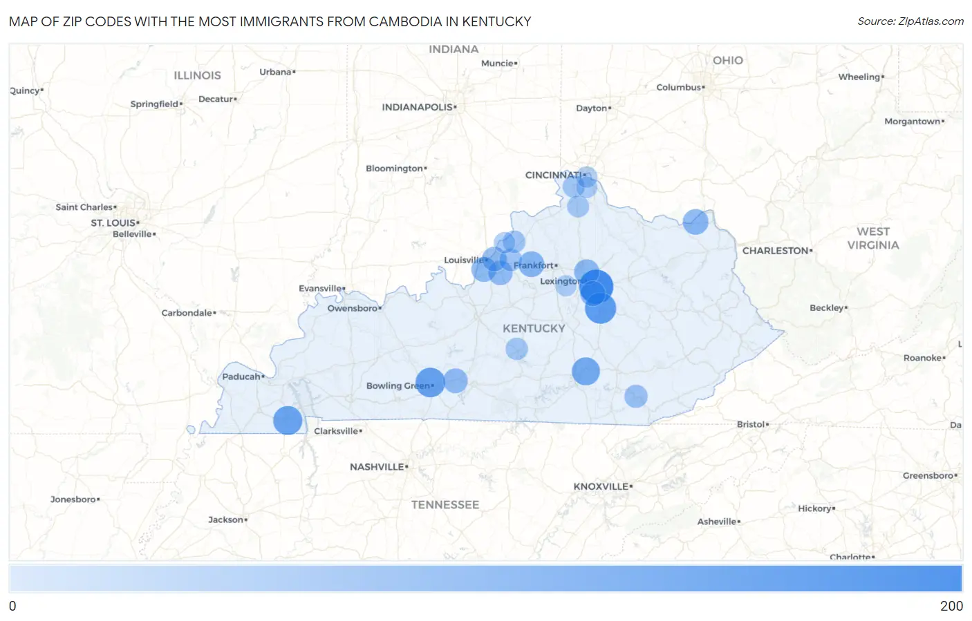 Zip Codes with the Most Immigrants from Cambodia in Kentucky Map