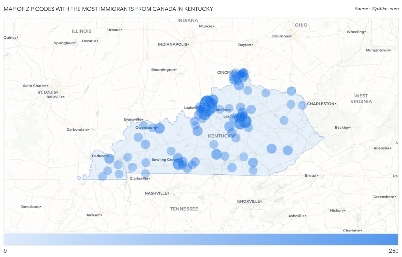 Zip Codes with the Most Immigrants from Canada in Kentucky Map