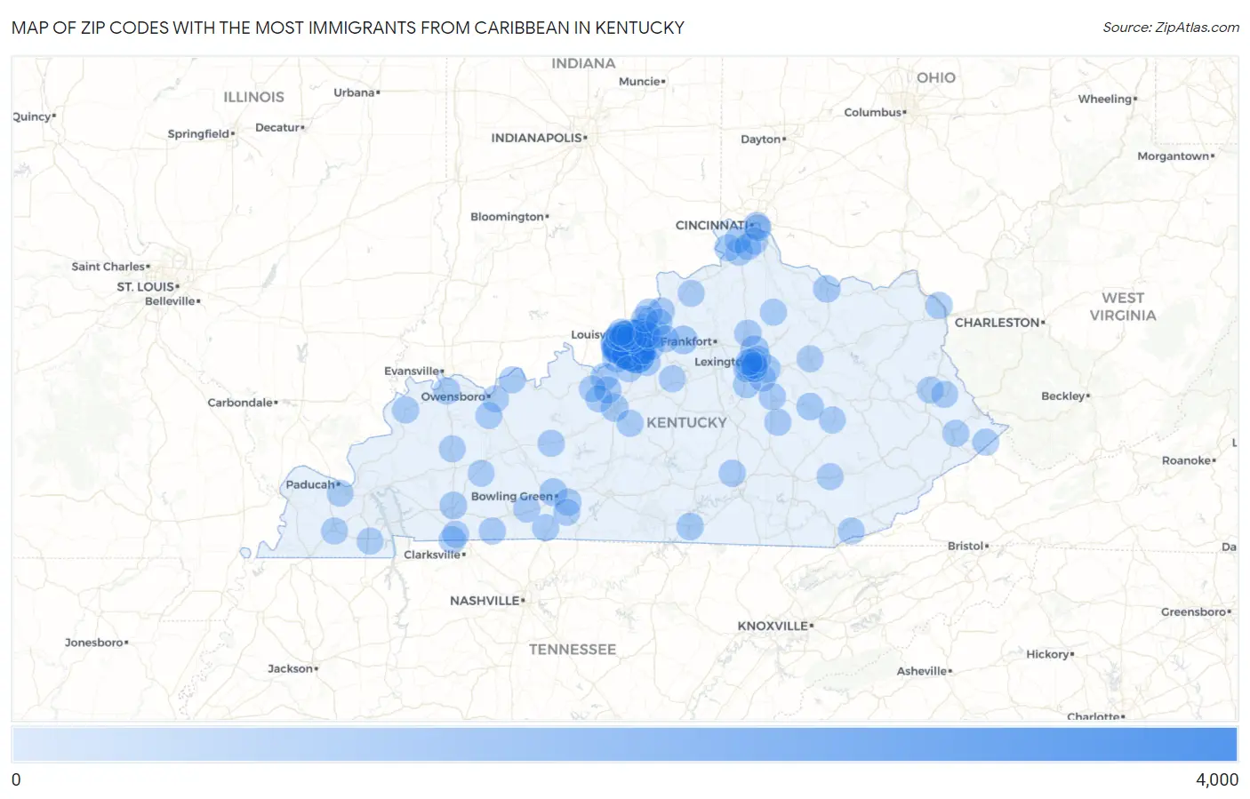 Zip Codes with the Most Immigrants from Caribbean in Kentucky Map