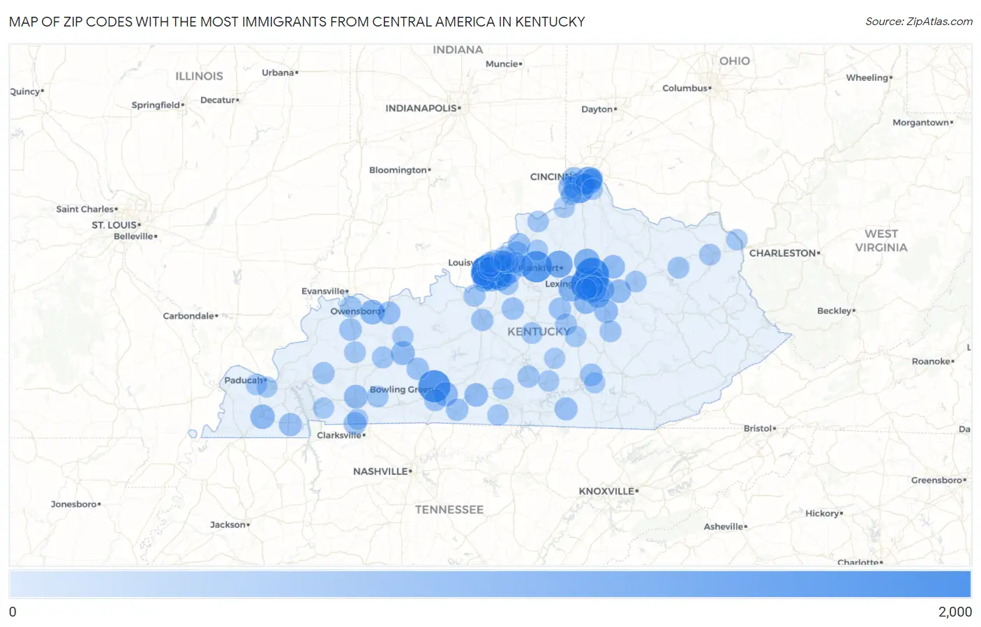 Zip Codes with the Most Immigrants from Central America in Kentucky Map