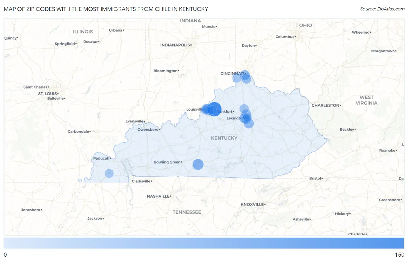 Zip Codes with the Most Immigrants from Chile in Kentucky Map