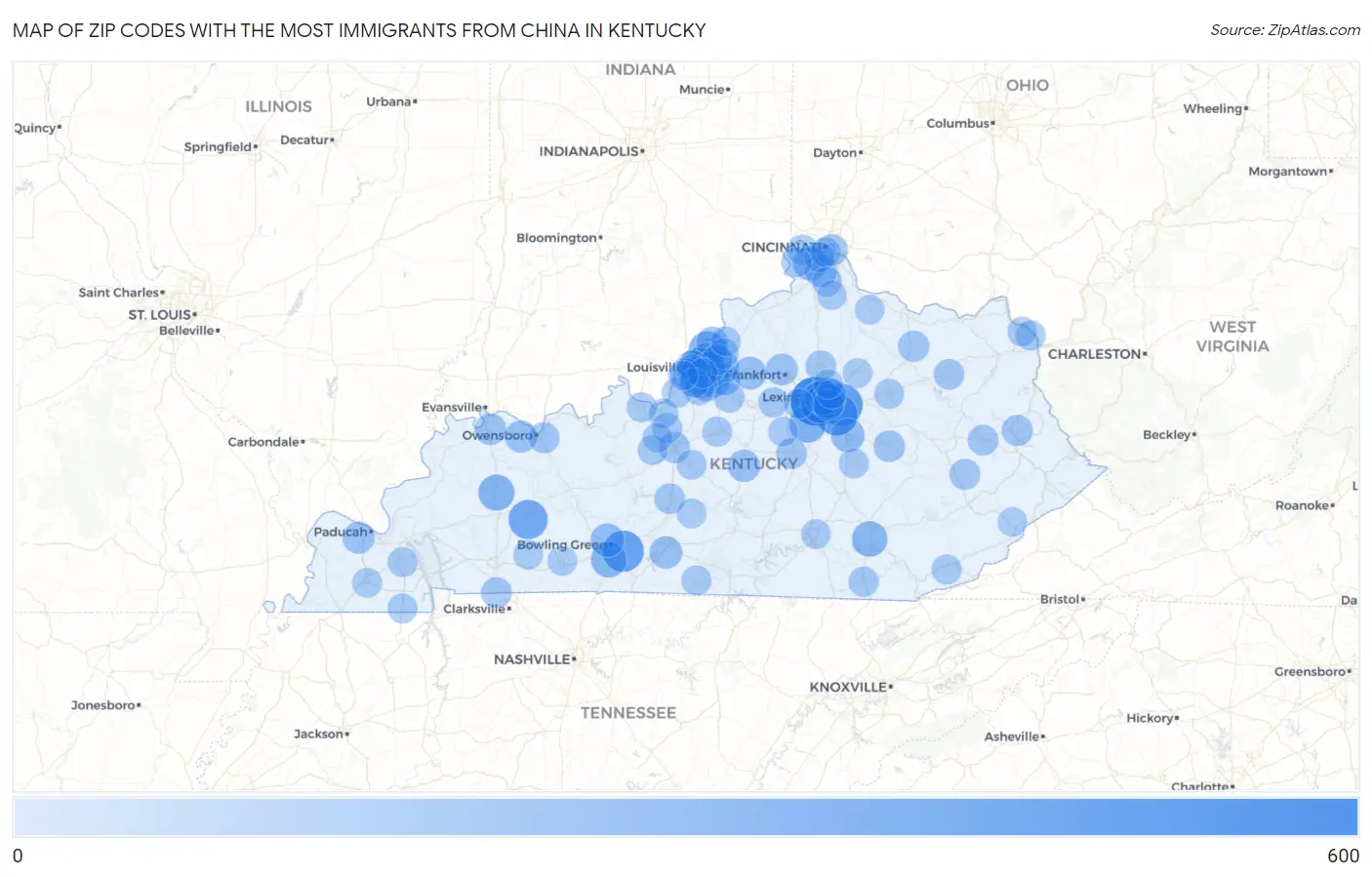 Zip Codes with the Most Immigrants from China in Kentucky Map