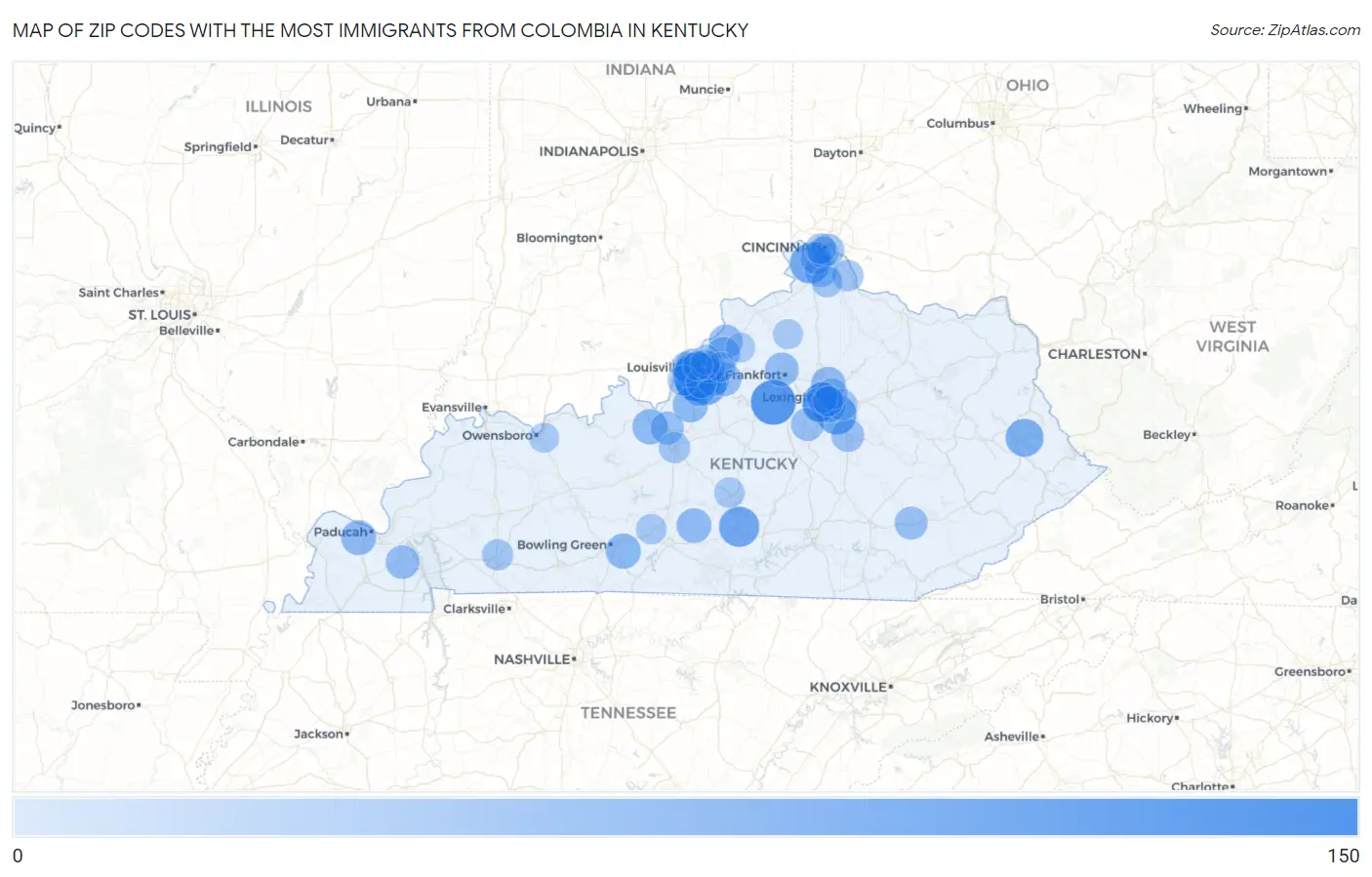 Zip Codes with the Most Immigrants from Colombia in Kentucky Map