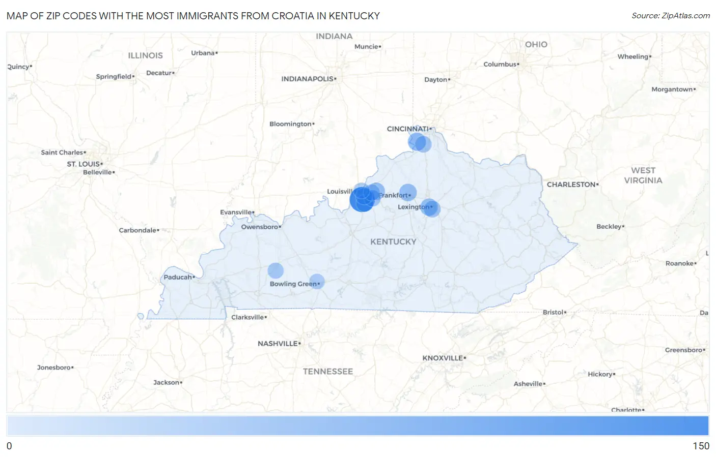 Zip Codes with the Most Immigrants from Croatia in Kentucky Map