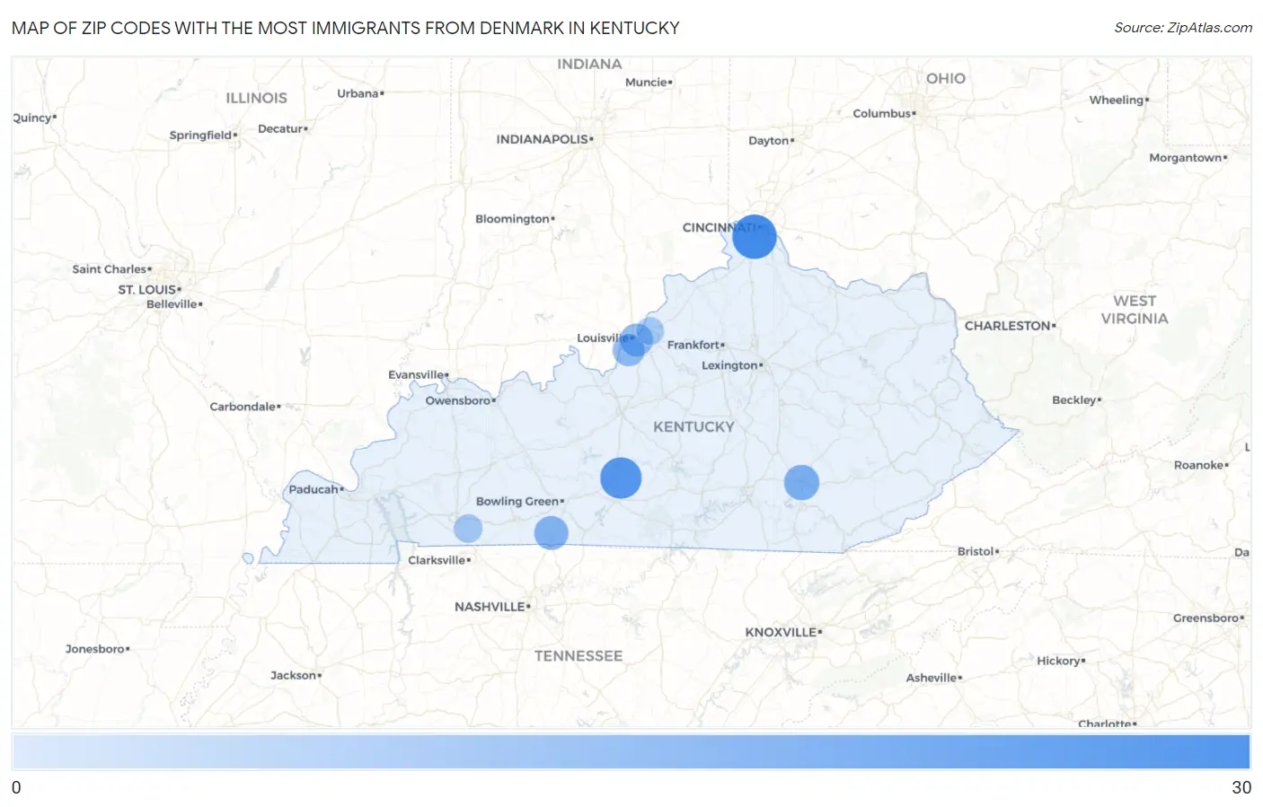 Zip Codes with the Most Immigrants from Denmark in Kentucky Map