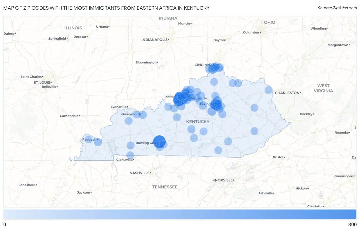 Zip Codes with the Most Immigrants from Eastern Africa in Kentucky Map