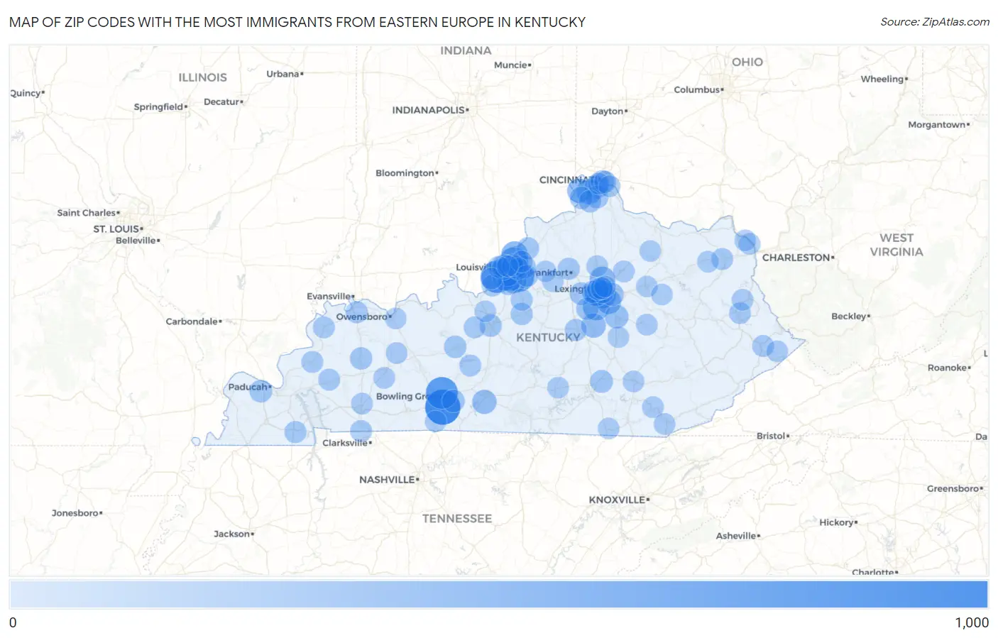 Zip Codes with the Most Immigrants from Eastern Europe in Kentucky Map