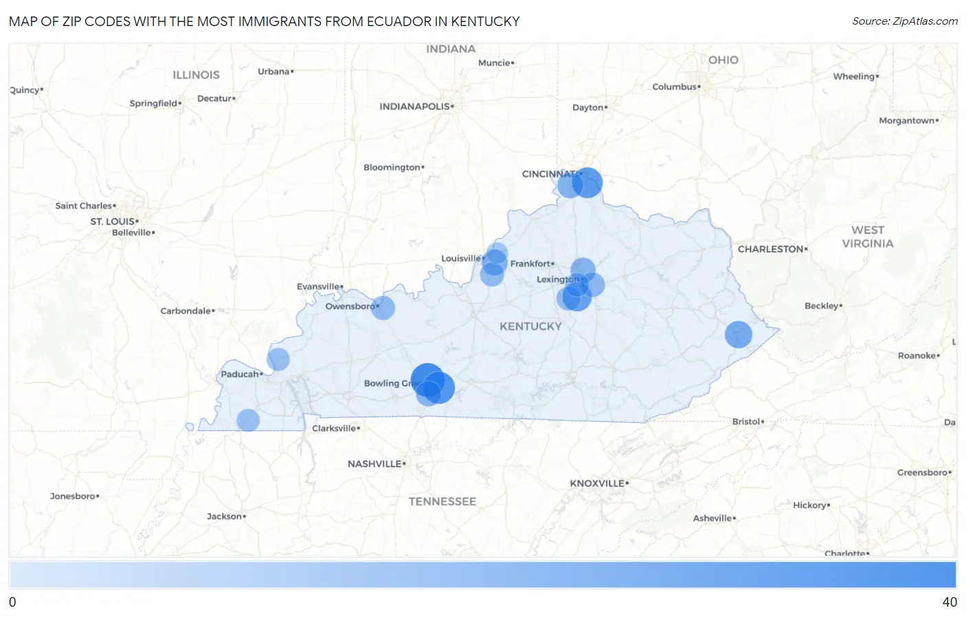 Zip Codes with the Most Immigrants from Ecuador in Kentucky Map