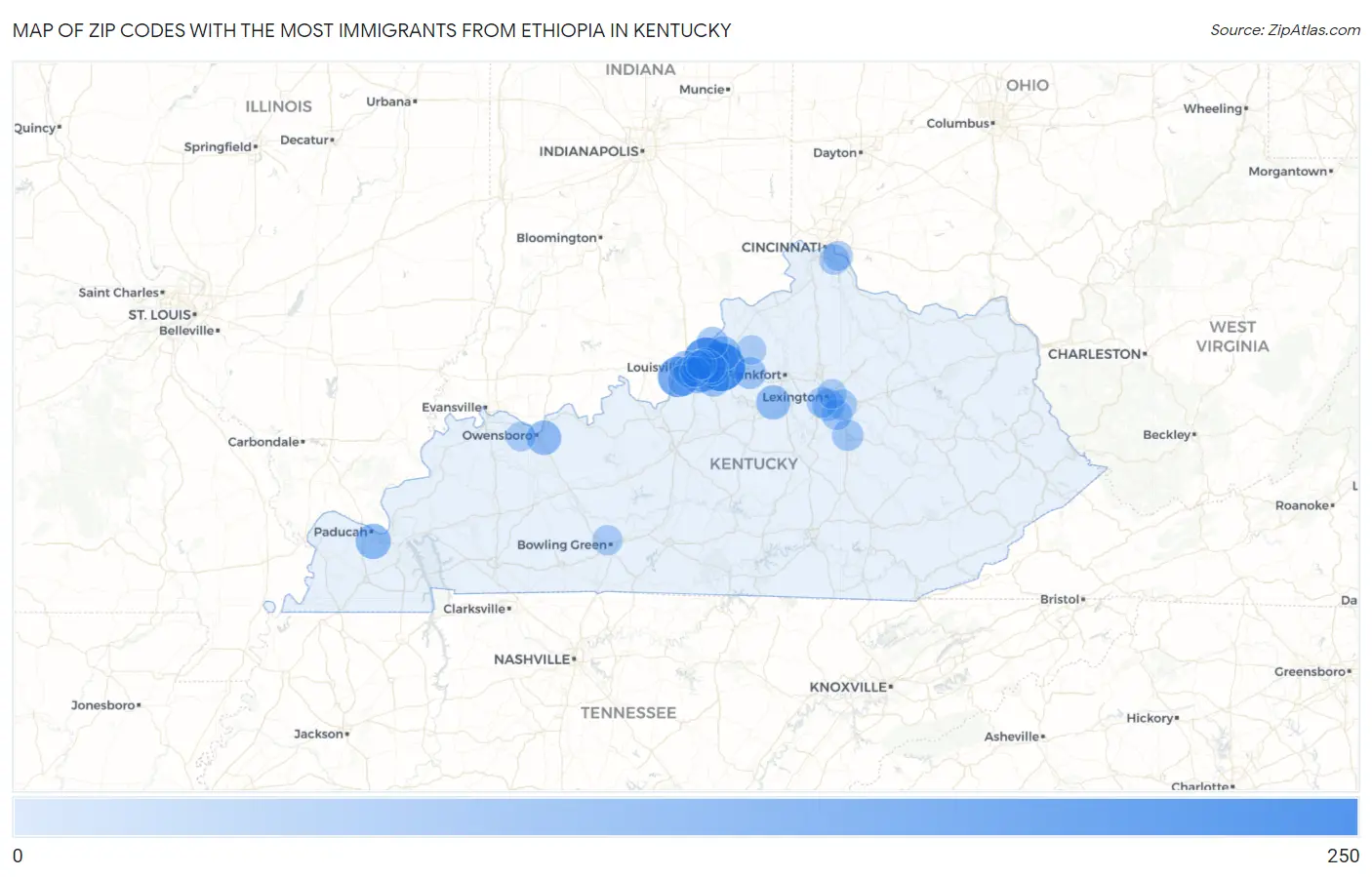 Zip Codes with the Most Immigrants from Ethiopia in Kentucky Map