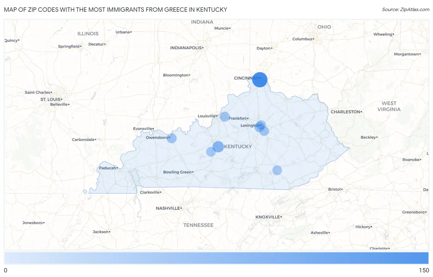 Zip Codes with the Most Immigrants from Greece in Kentucky Map