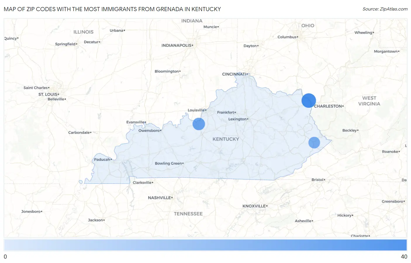 Zip Codes with the Most Immigrants from Grenada in Kentucky Map
