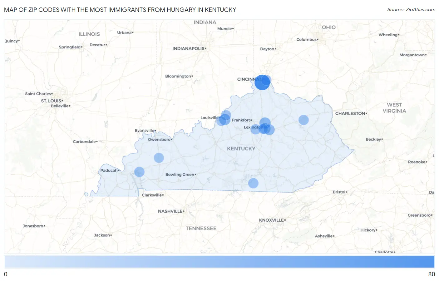 Zip Codes with the Most Immigrants from Hungary in Kentucky Map