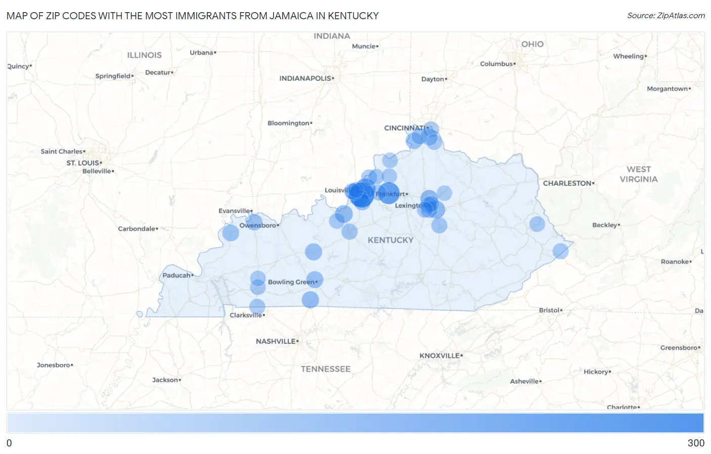 Zip Codes with the Most Immigrants from Jamaica in Kentucky Map