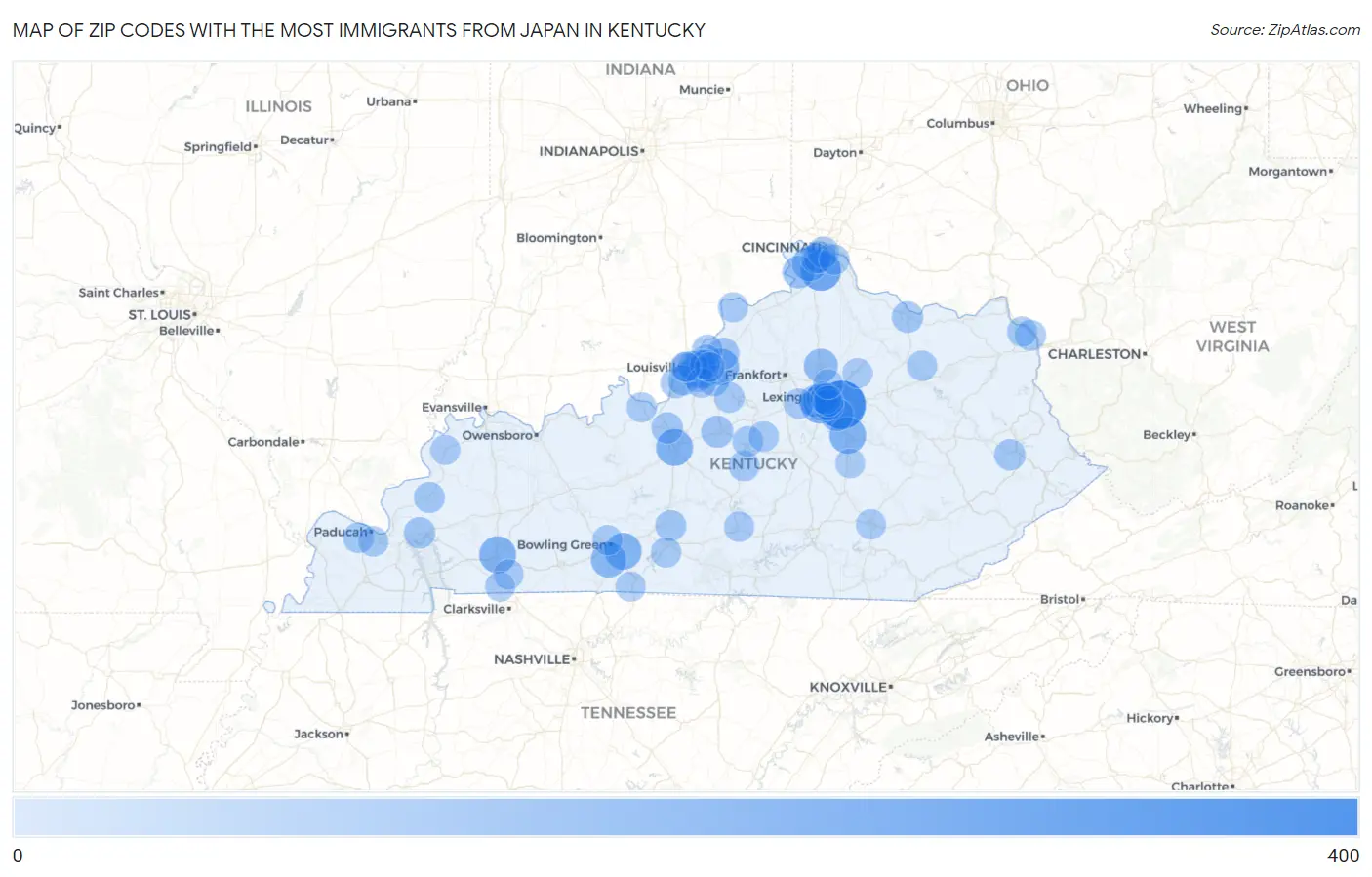 Zip Codes with the Most Immigrants from Japan in Kentucky Map