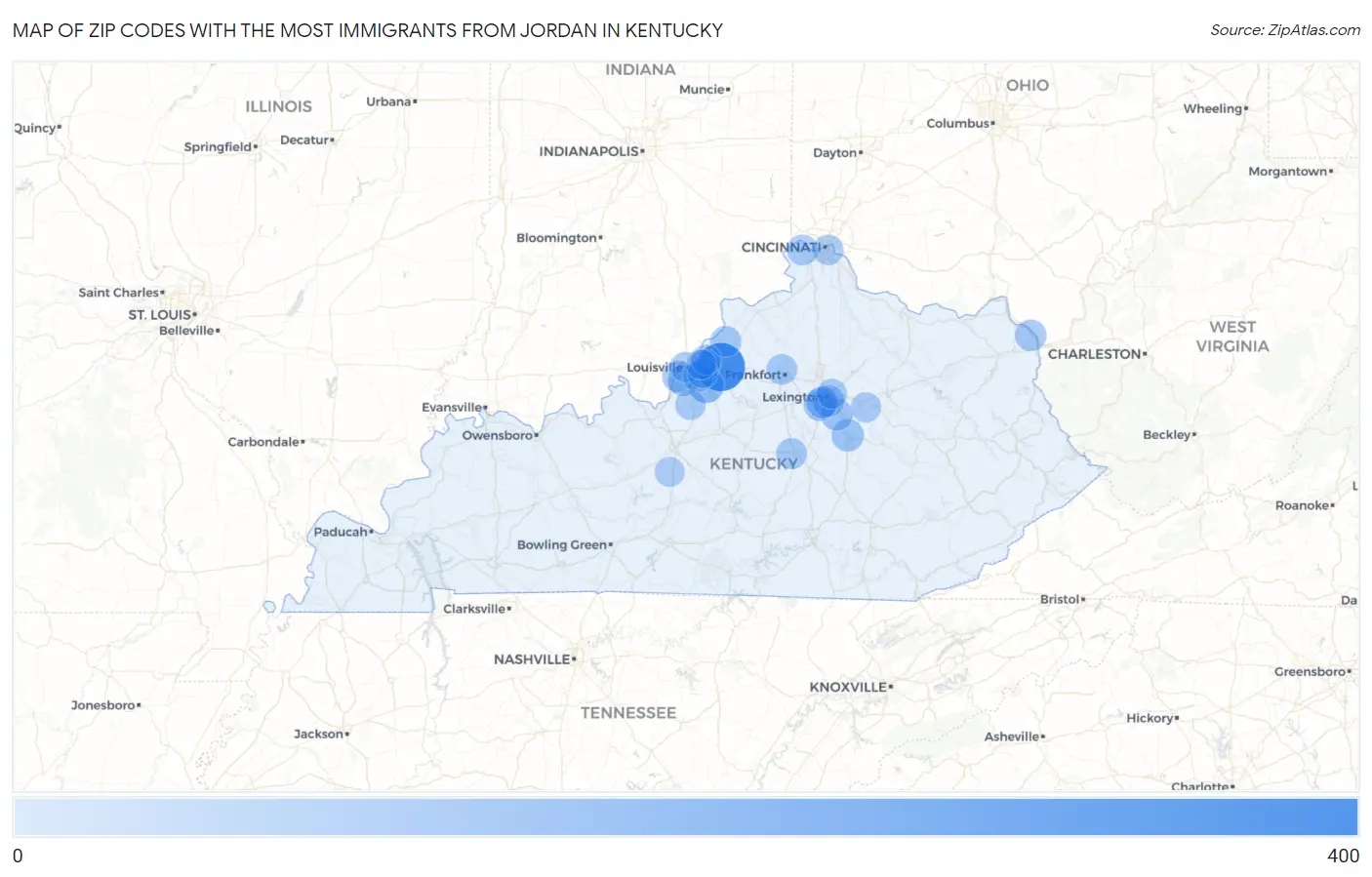 Zip Codes with the Most Immigrants from Jordan in Kentucky Map