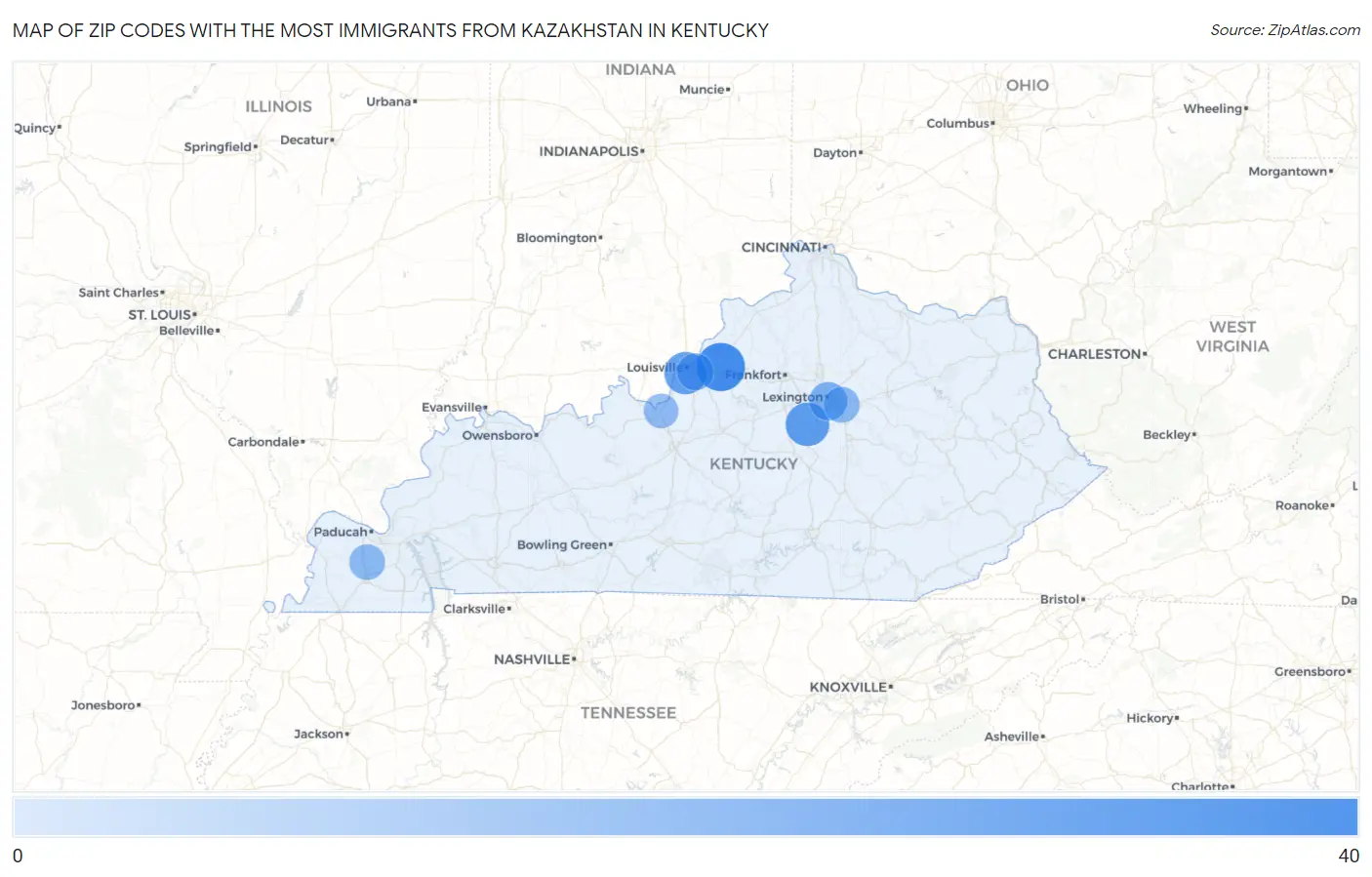 Zip Codes with the Most Immigrants from Kazakhstan in Kentucky Map