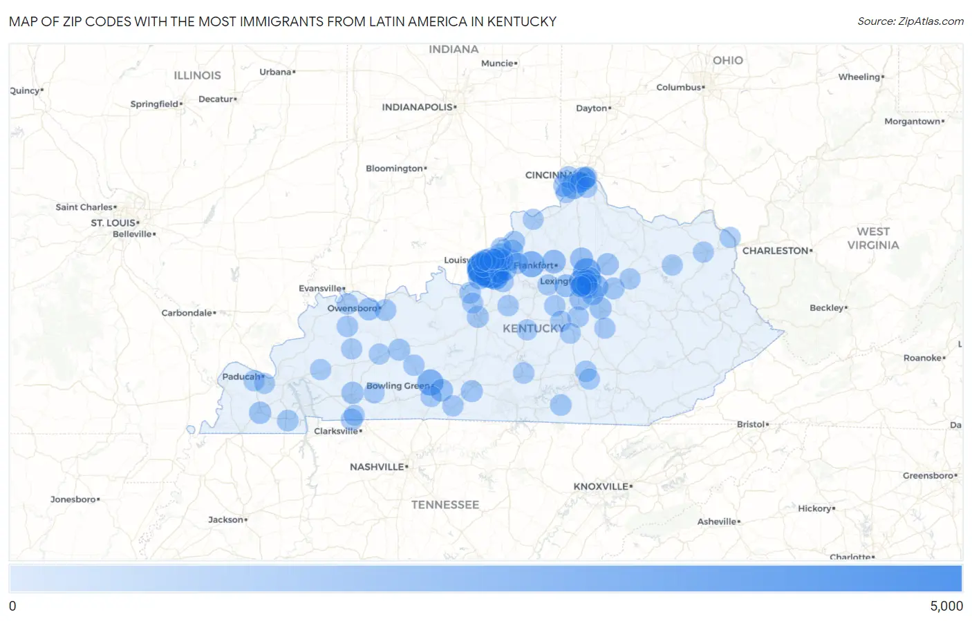 Zip Codes with the Most Immigrants from Latin America in Kentucky Map