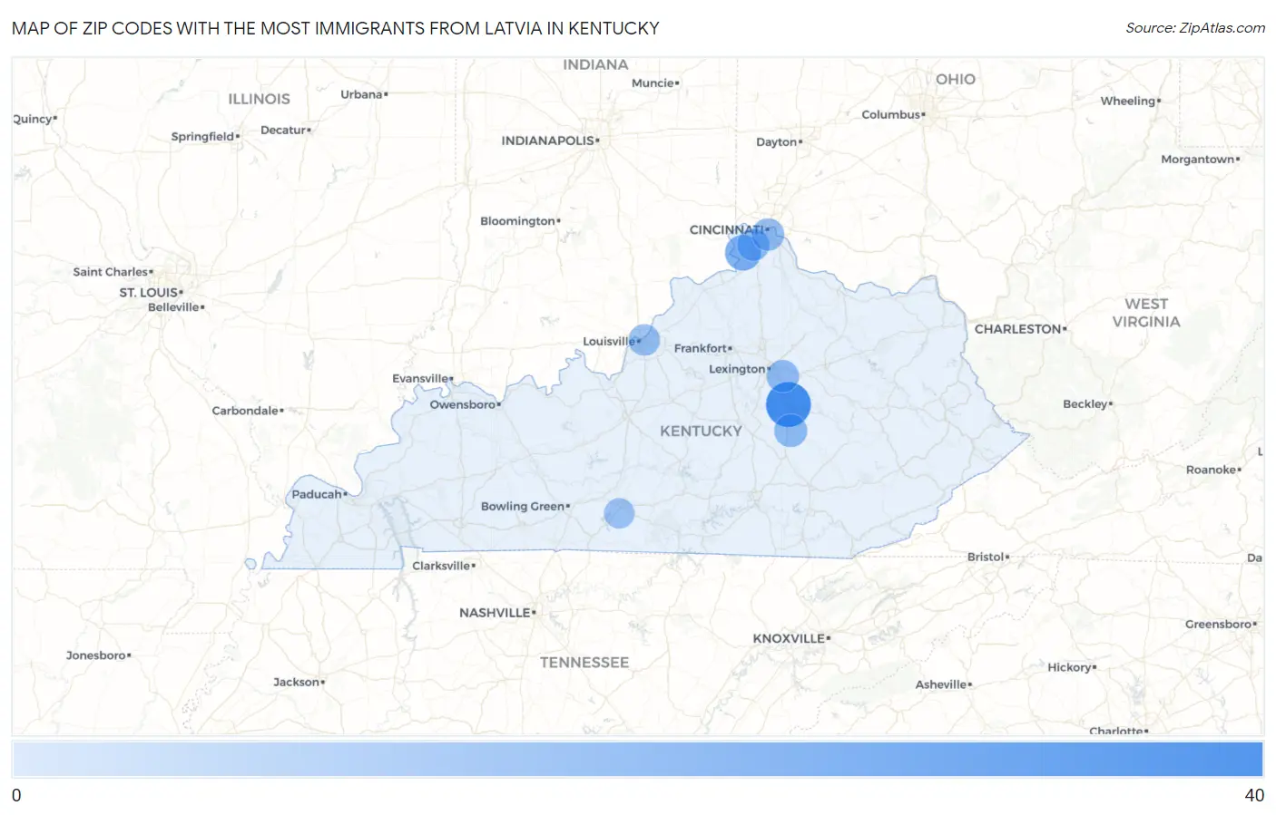 Zip Codes with the Most Immigrants from Latvia in Kentucky Map