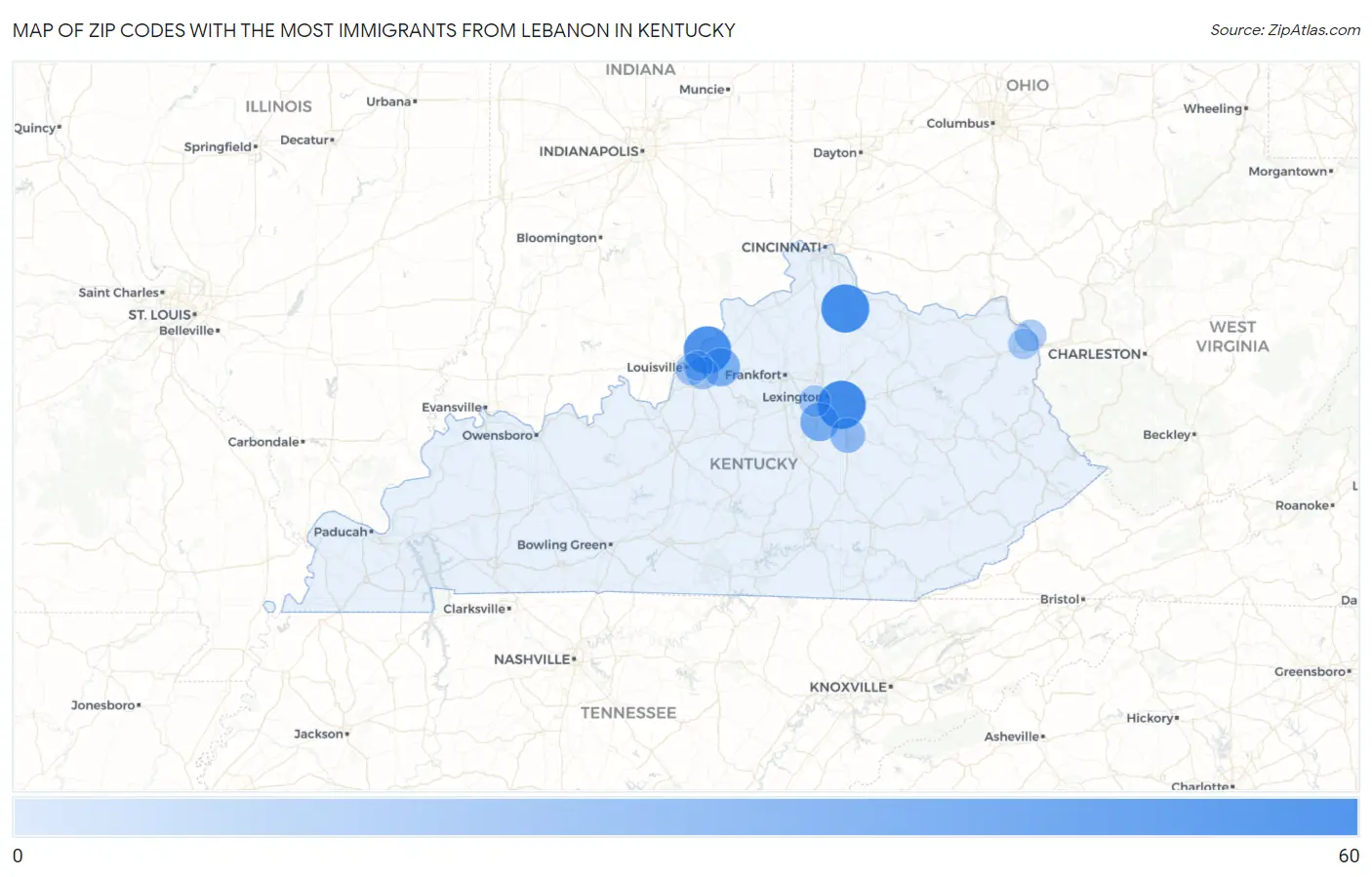Zip Codes with the Most Immigrants from Lebanon in Kentucky Map