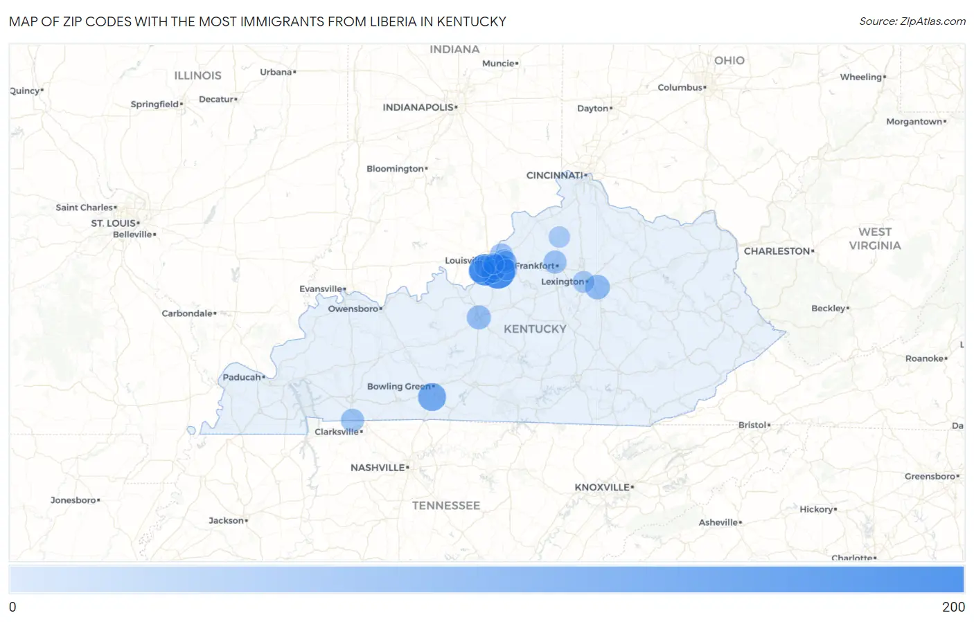 Zip Codes with the Most Immigrants from Liberia in Kentucky Map