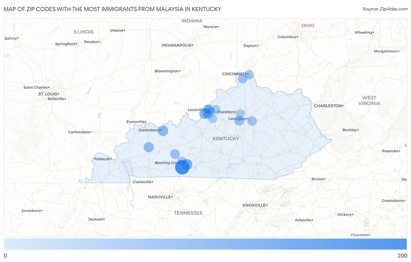 Zip Codes with the Most Immigrants from Malaysia in Kentucky Map
