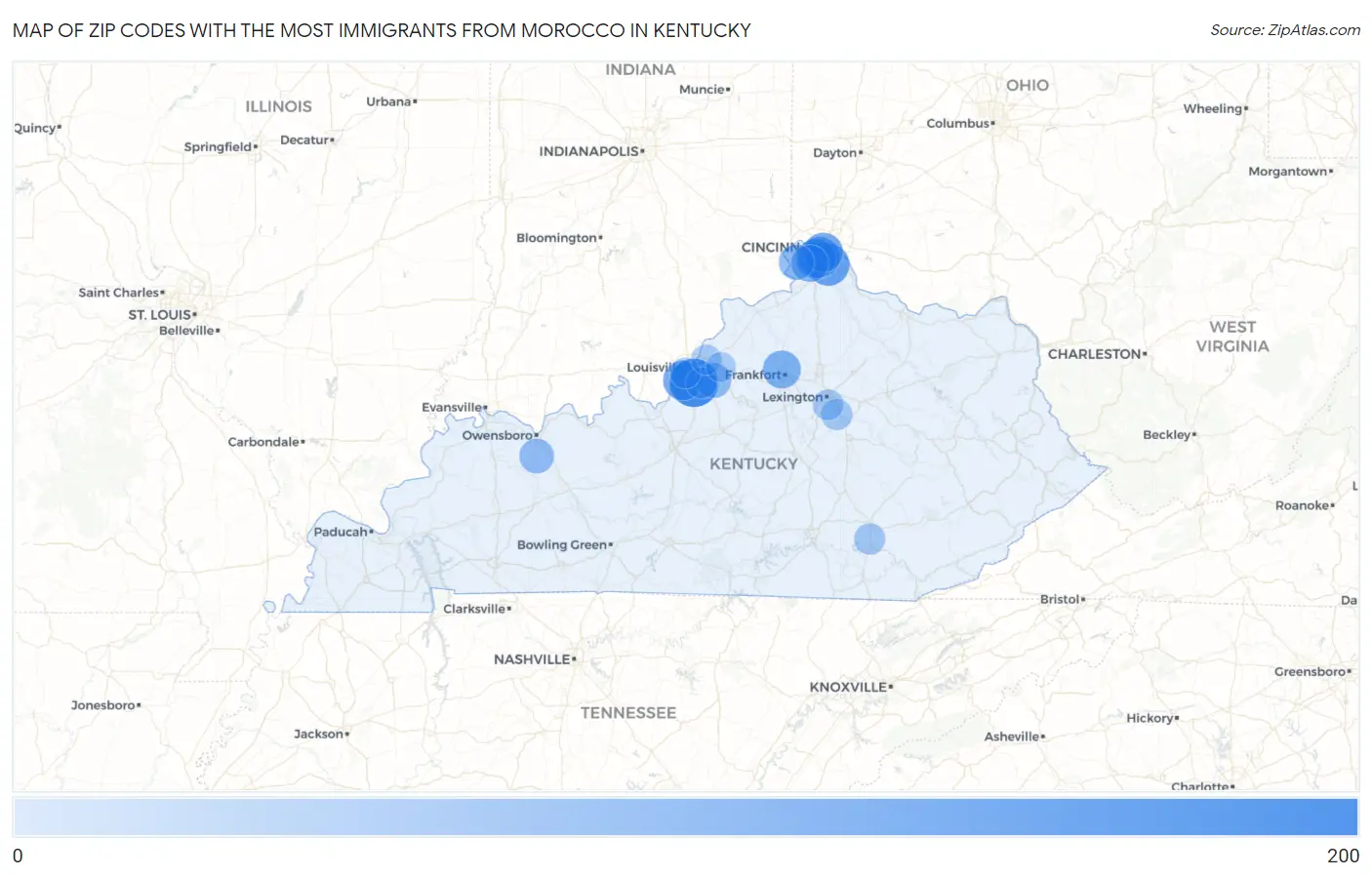 Zip Codes with the Most Immigrants from Morocco in Kentucky Map