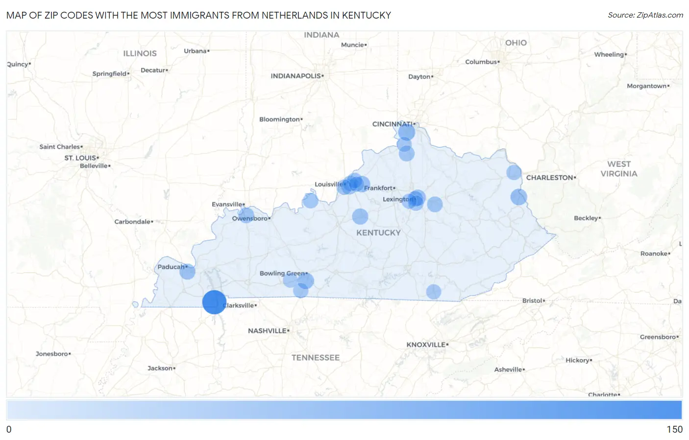 Zip Codes with the Most Immigrants from Netherlands in Kentucky Map