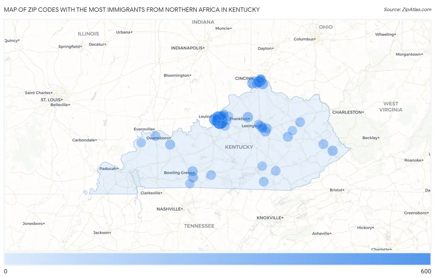 Zip Codes with the Most Immigrants from Northern Africa in Kentucky Map