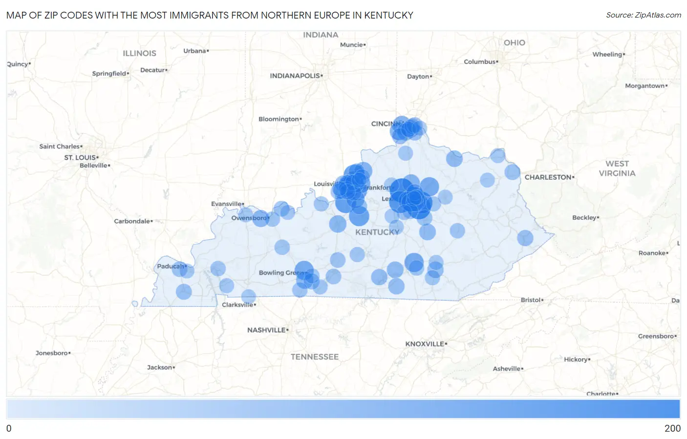 Zip Codes with the Most Immigrants from Northern Europe in Kentucky Map