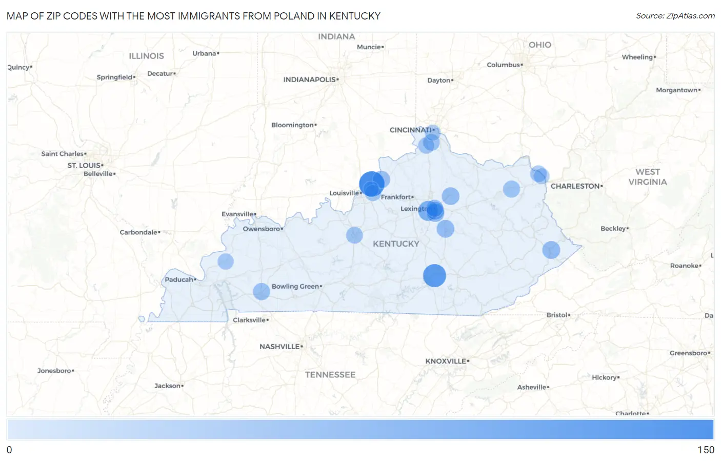 Zip Codes with the Most Immigrants from Poland in Kentucky Map
