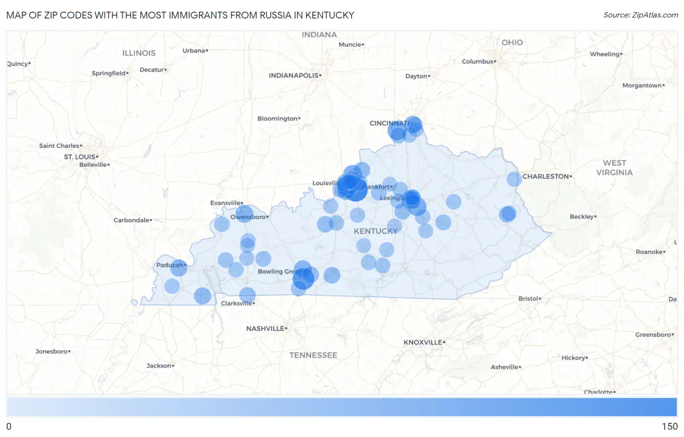 Zip Codes with the Most Immigrants from Russia in Kentucky Map