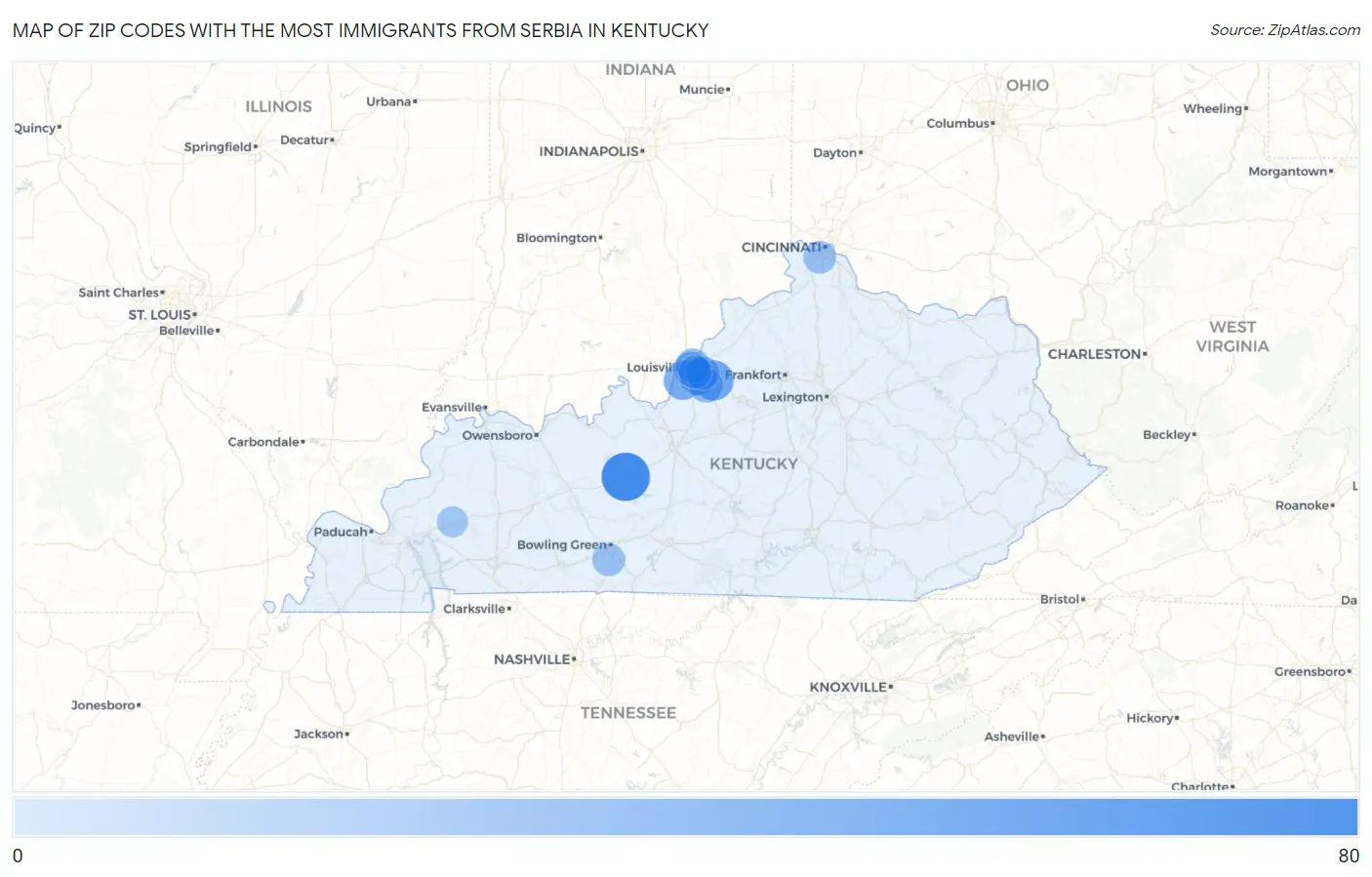Zip Codes with the Most Immigrants from Serbia in Kentucky Map