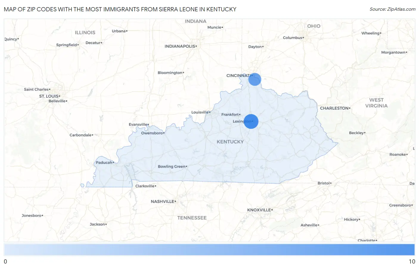 Zip Codes with the Most Immigrants from Sierra Leone in Kentucky Map