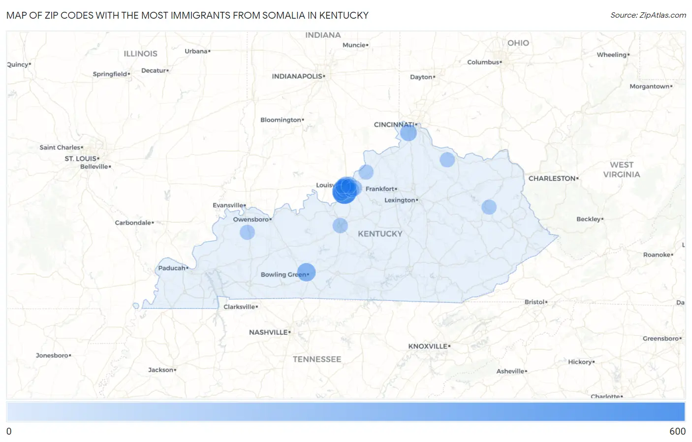 Zip Codes with the Most Immigrants from Somalia in Kentucky Map