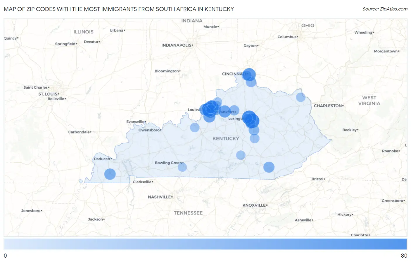 Zip Codes with the Most Immigrants from South Africa in Kentucky Map