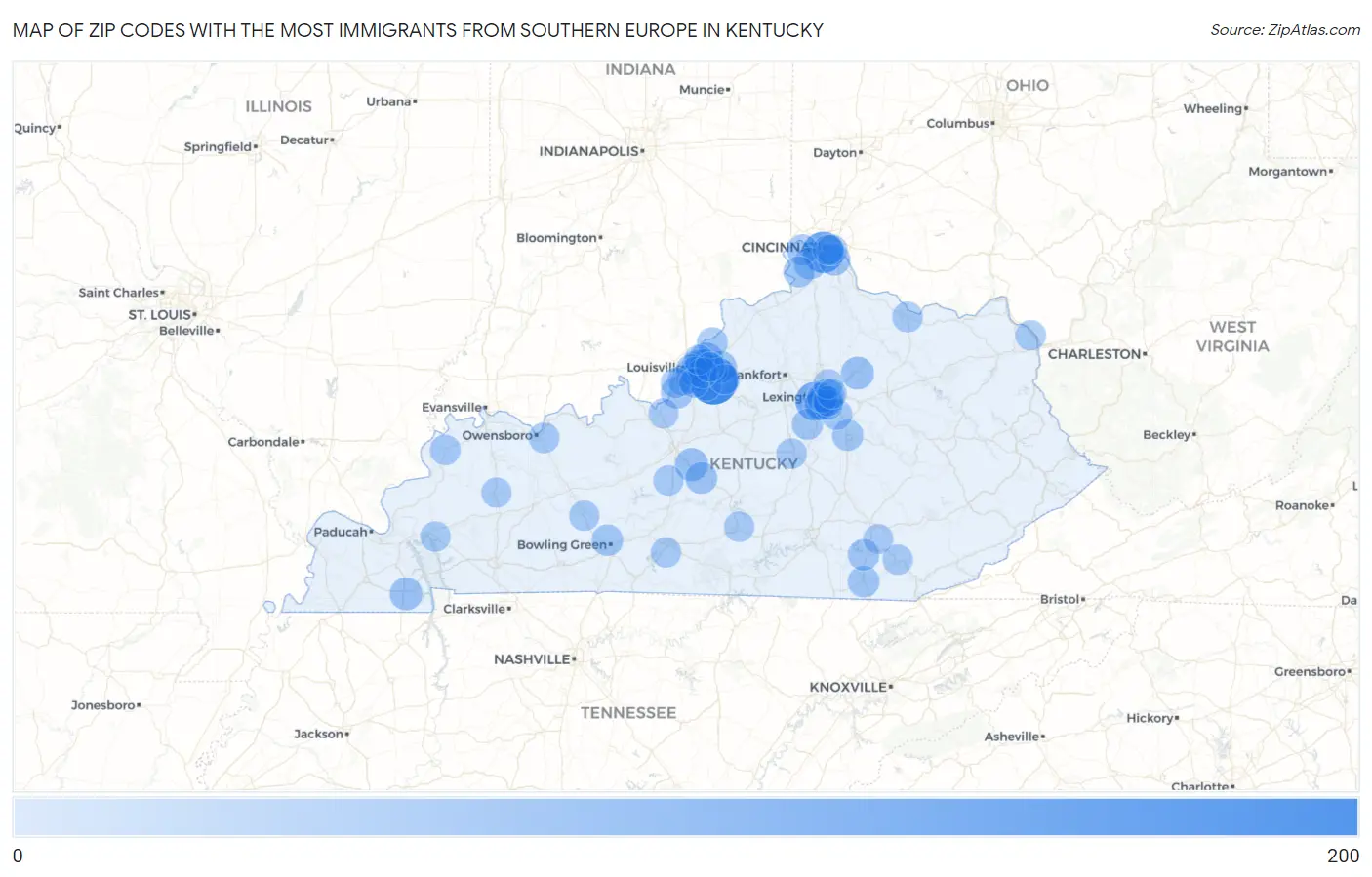 Zip Codes with the Most Immigrants from Southern Europe in Kentucky Map