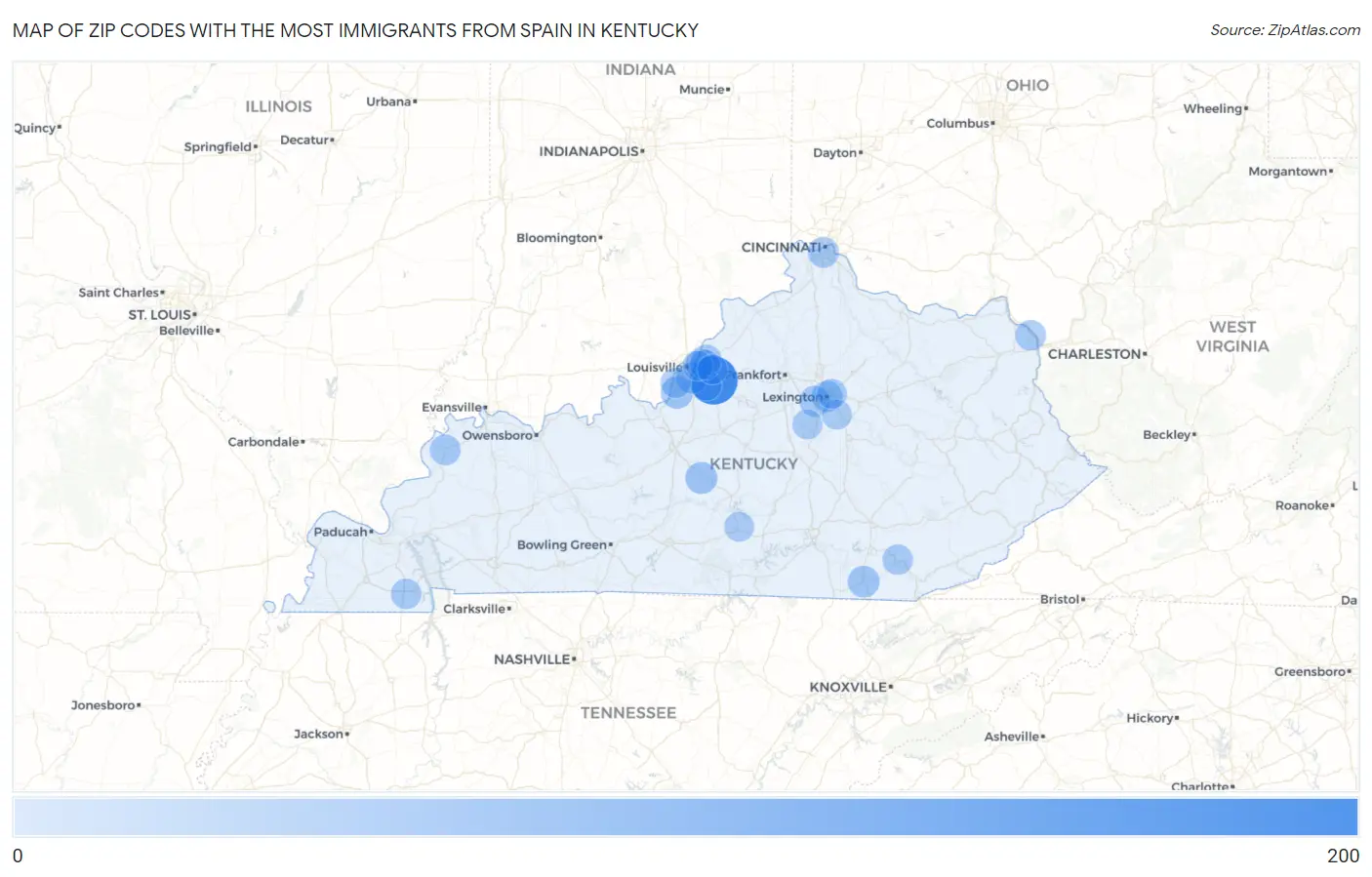 Zip Codes with the Most Immigrants from Spain in Kentucky Map