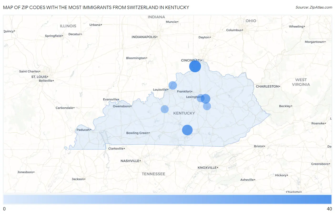 Zip Codes with the Most Immigrants from Switzerland in Kentucky Map
