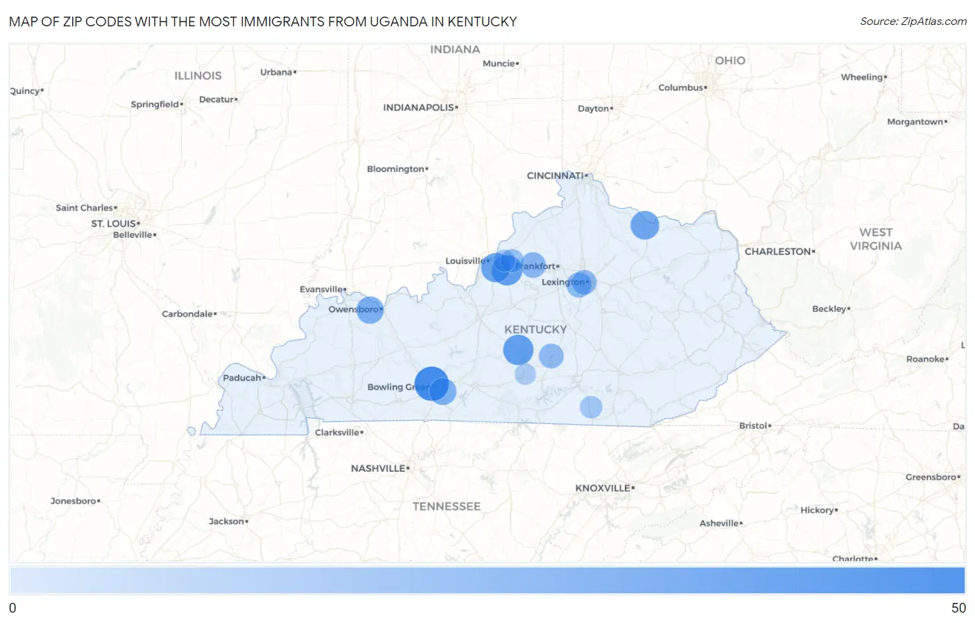 Zip Codes with the Most Immigrants from Uganda in Kentucky Map