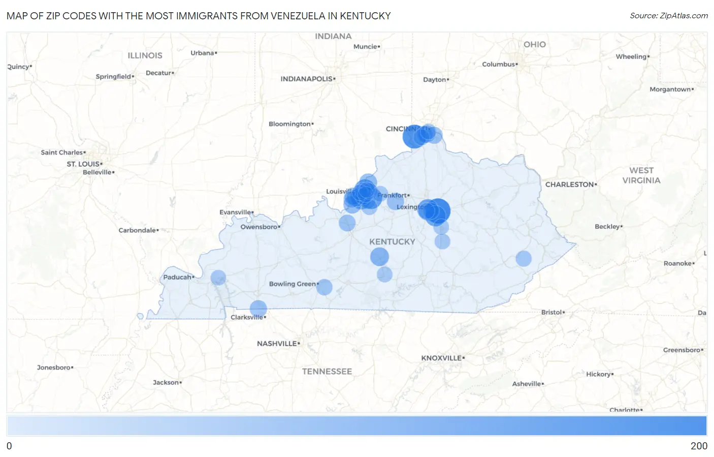 Zip Codes with the Most Immigrants from Venezuela in Kentucky Map
