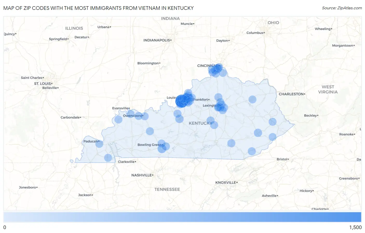 Zip Codes with the Most Immigrants from Vietnam in Kentucky Map