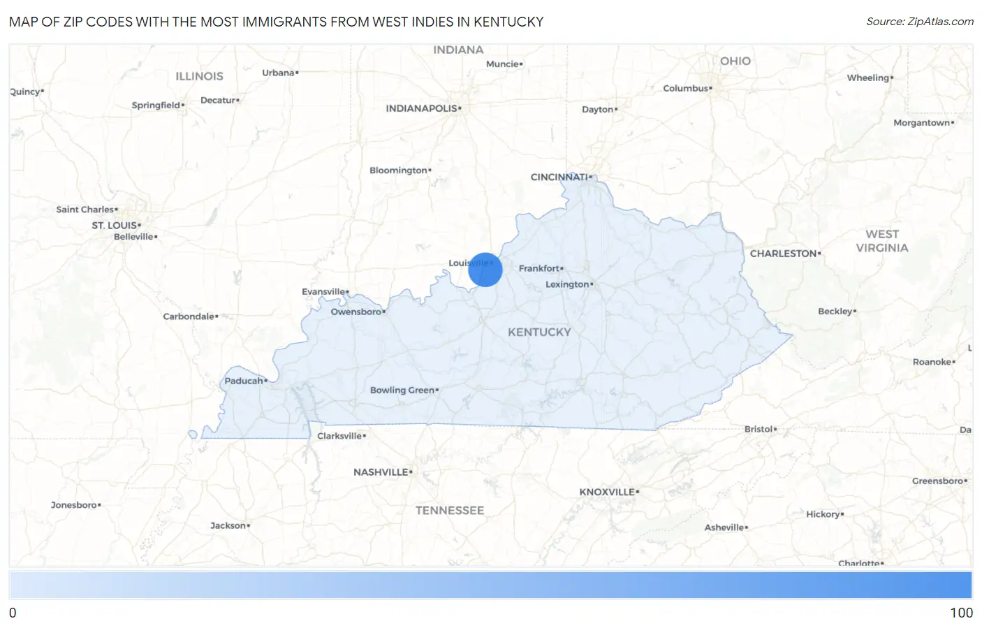 Zip Codes with the Most Immigrants from West Indies in Kentucky Map