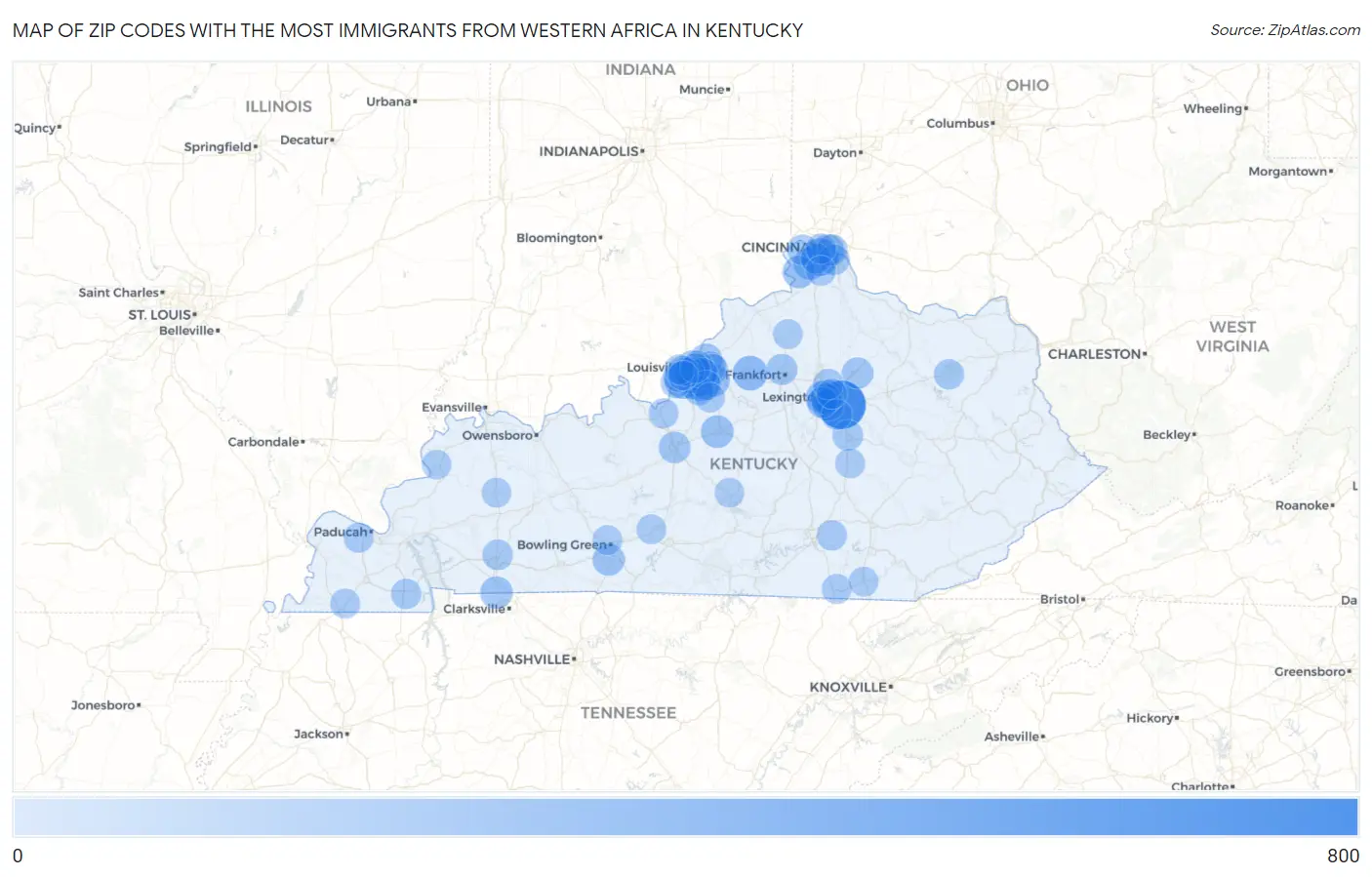Zip Codes with the Most Immigrants from Western Africa in Kentucky Map