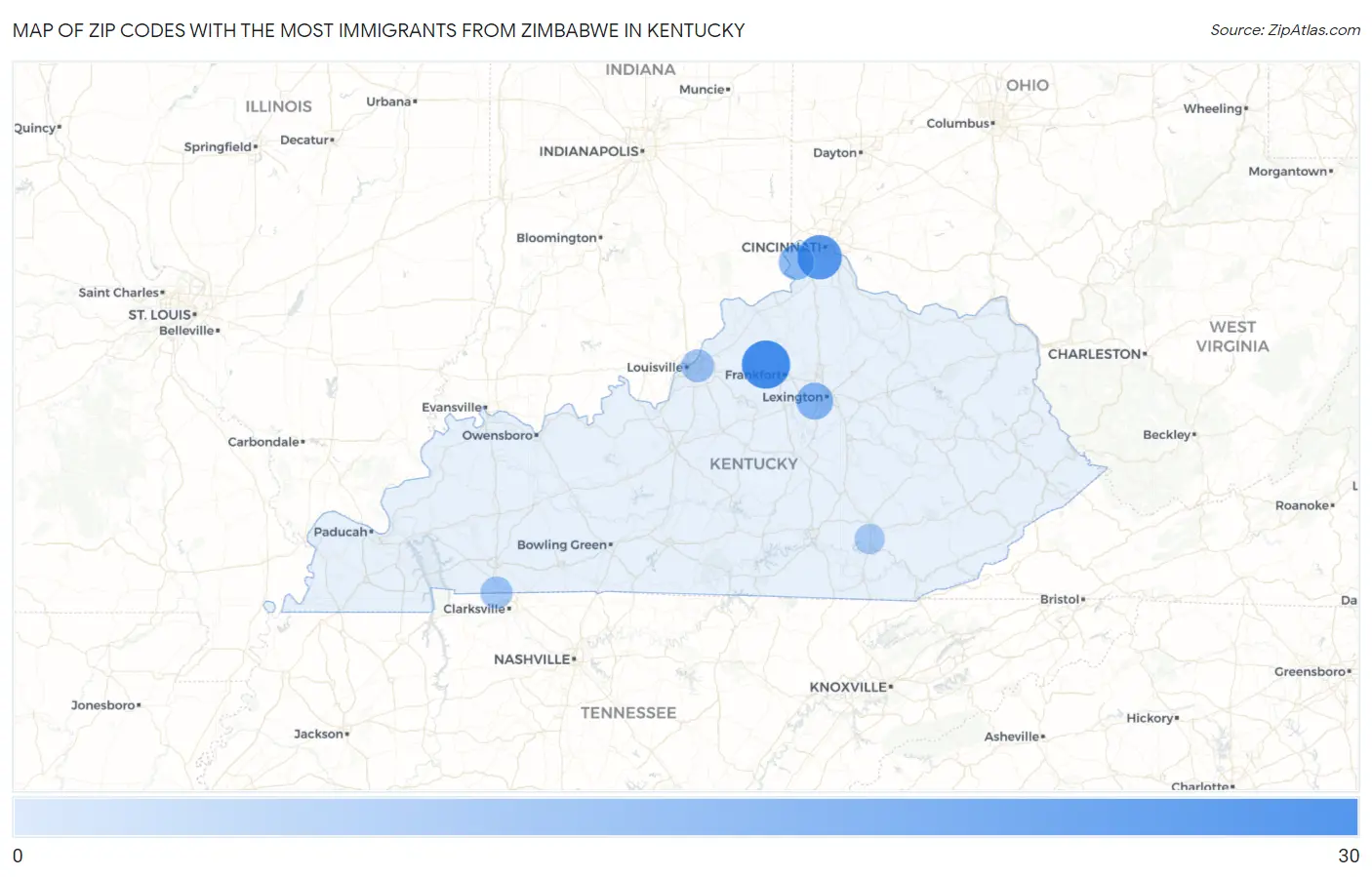 Zip Codes with the Most Immigrants from Zimbabwe in Kentucky Map