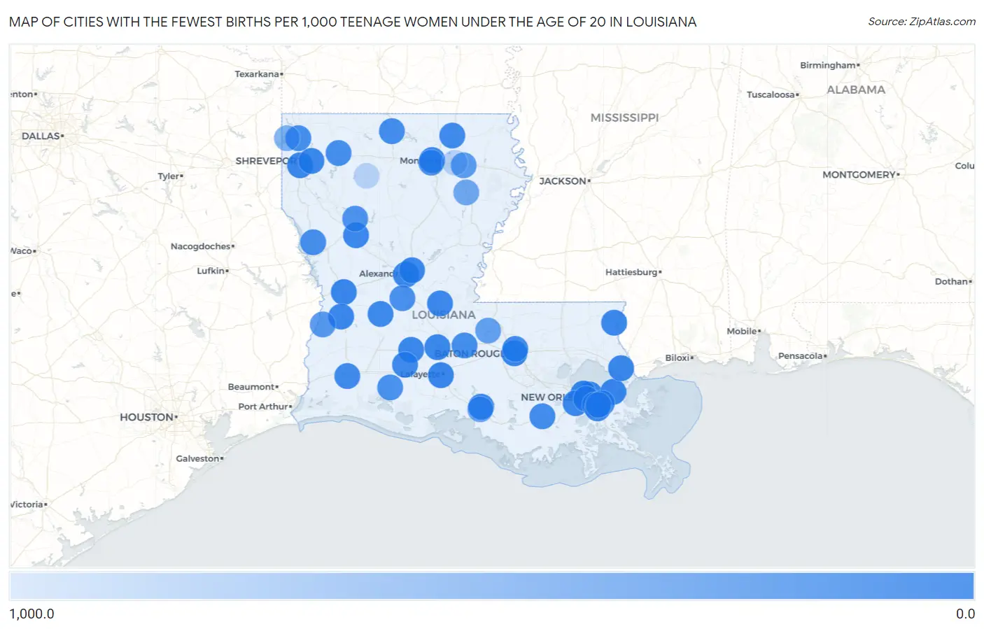 Cities with the Fewest Births per 1,000 Teenage Women Under the Age of 20 in Louisiana Map