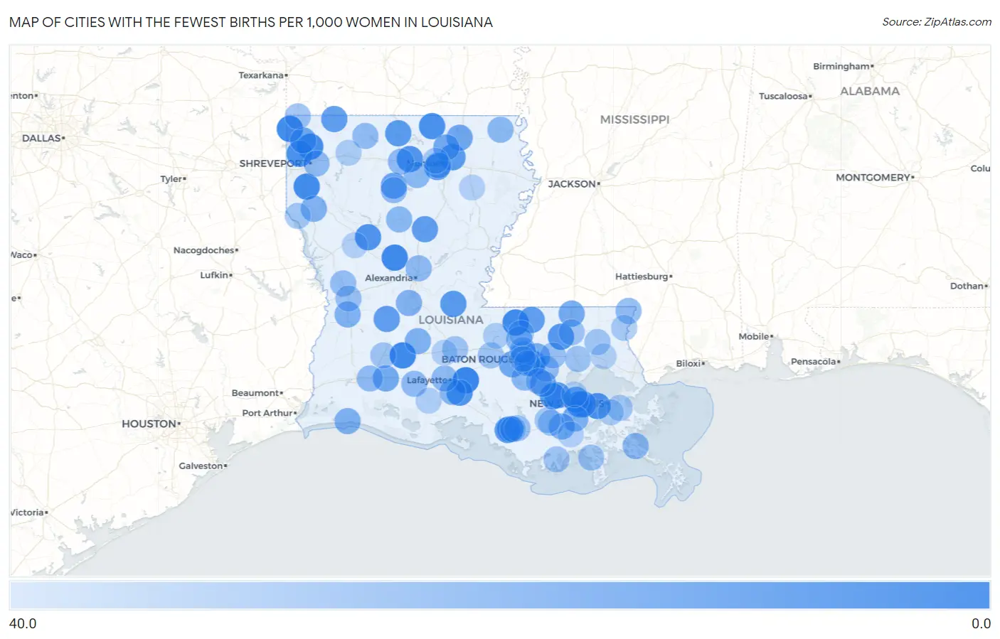 Cities with the Fewest Births per 1,000 Women in Louisiana Map