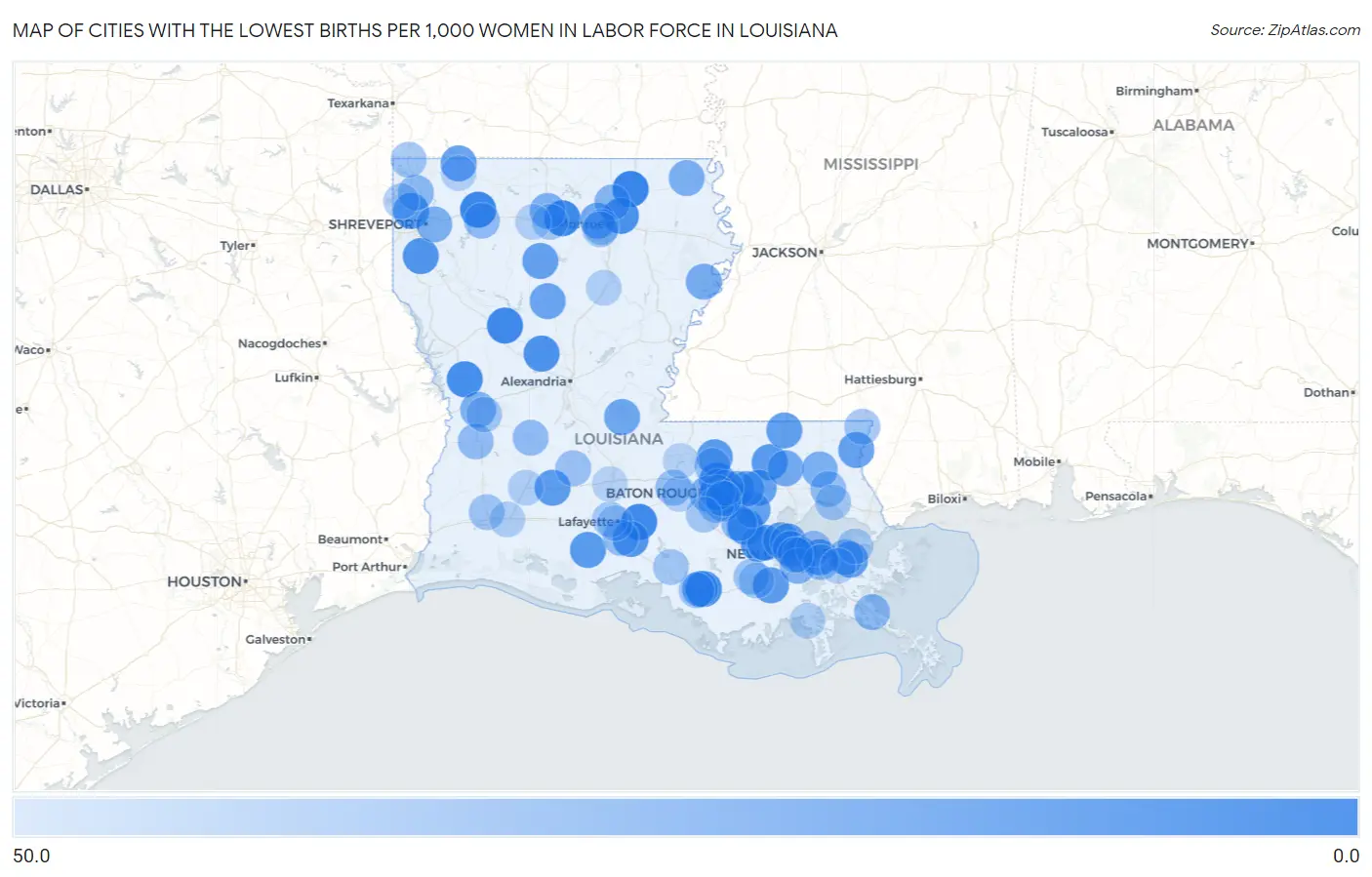 Cities with the Lowest Births per 1,000 Women in Labor Force in Louisiana Map